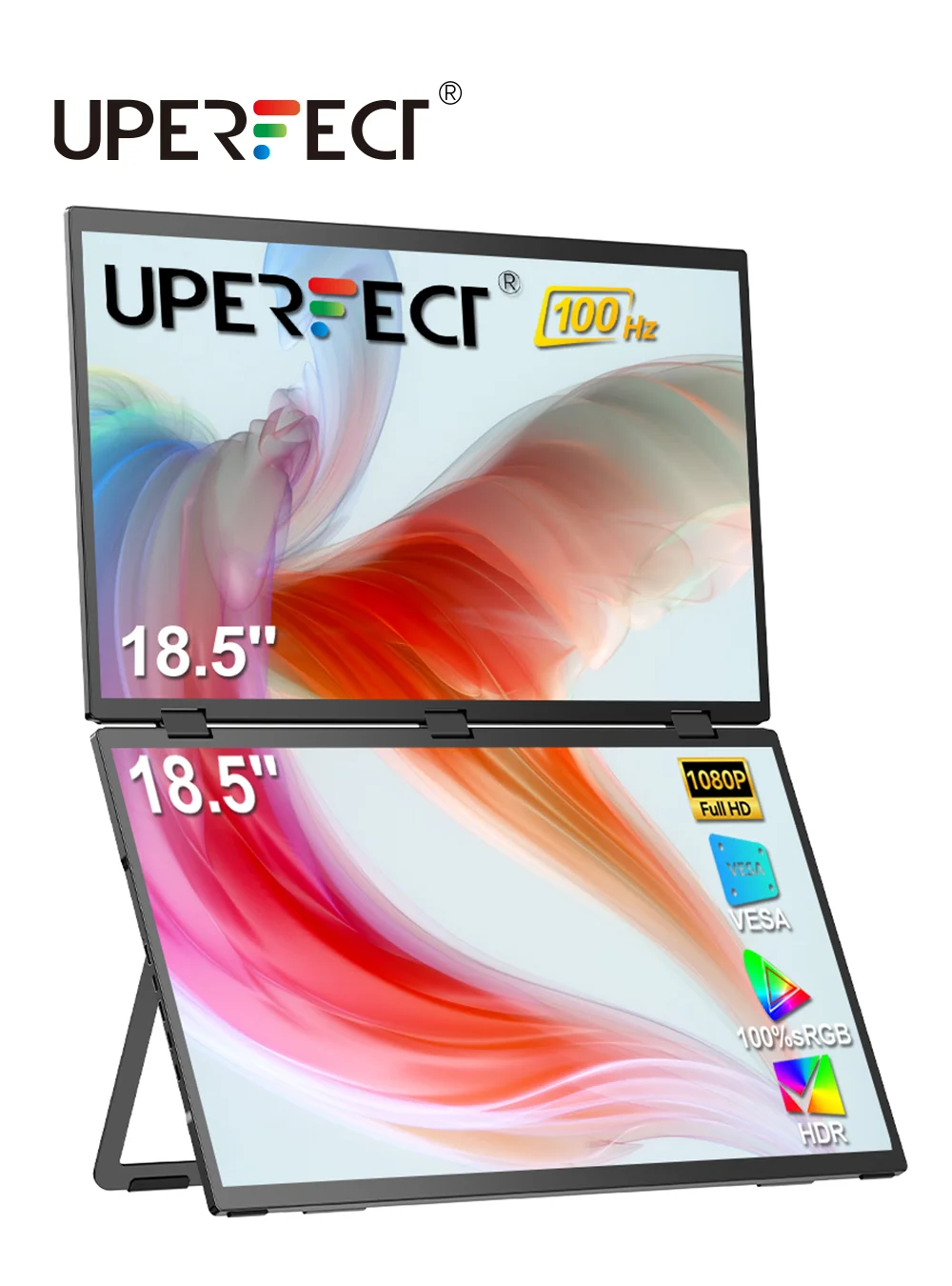 

ВЕРХАЛЬНЫЙ 18,5-дюймовый портативный монитор с двойным экраном, 100 Гц, 100% sRGB, 1080P HDR, складное универсальное решение для ПК, мобильного телефона, игровой консоли