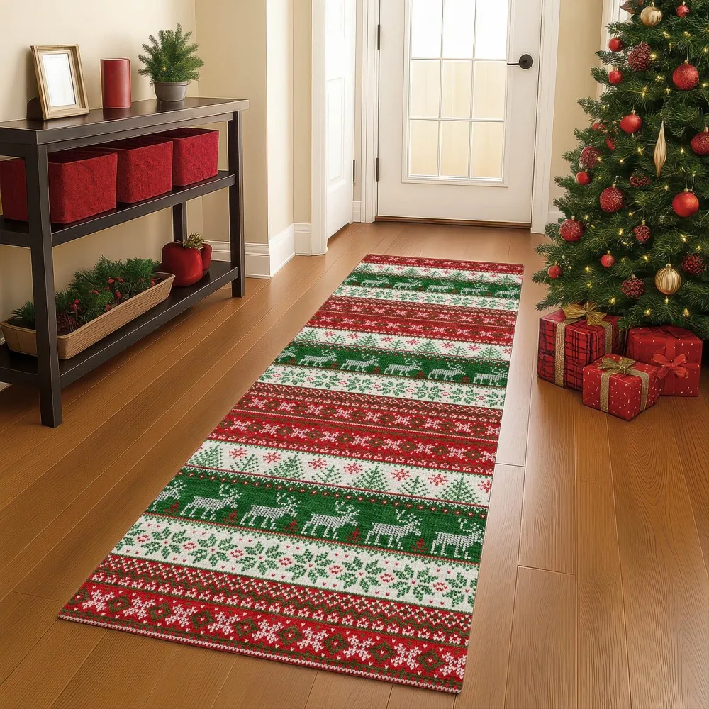 Christmas Runner Rug Red Truck Wood Texture Long Hallway Mat Non Slip Buffalo Plaid Floor Carpet for Sofa Living Room