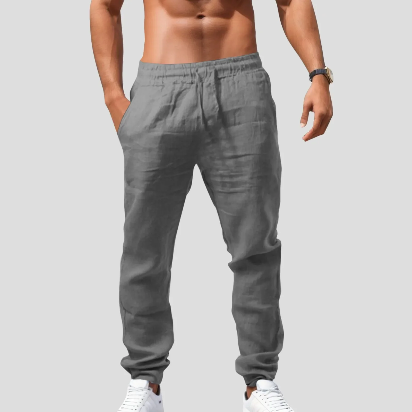 Calças de ginástica respirável masculina, algodão, respirável, moletom hip hop, moletom de verão, joggers, roupa de linho, monocromática