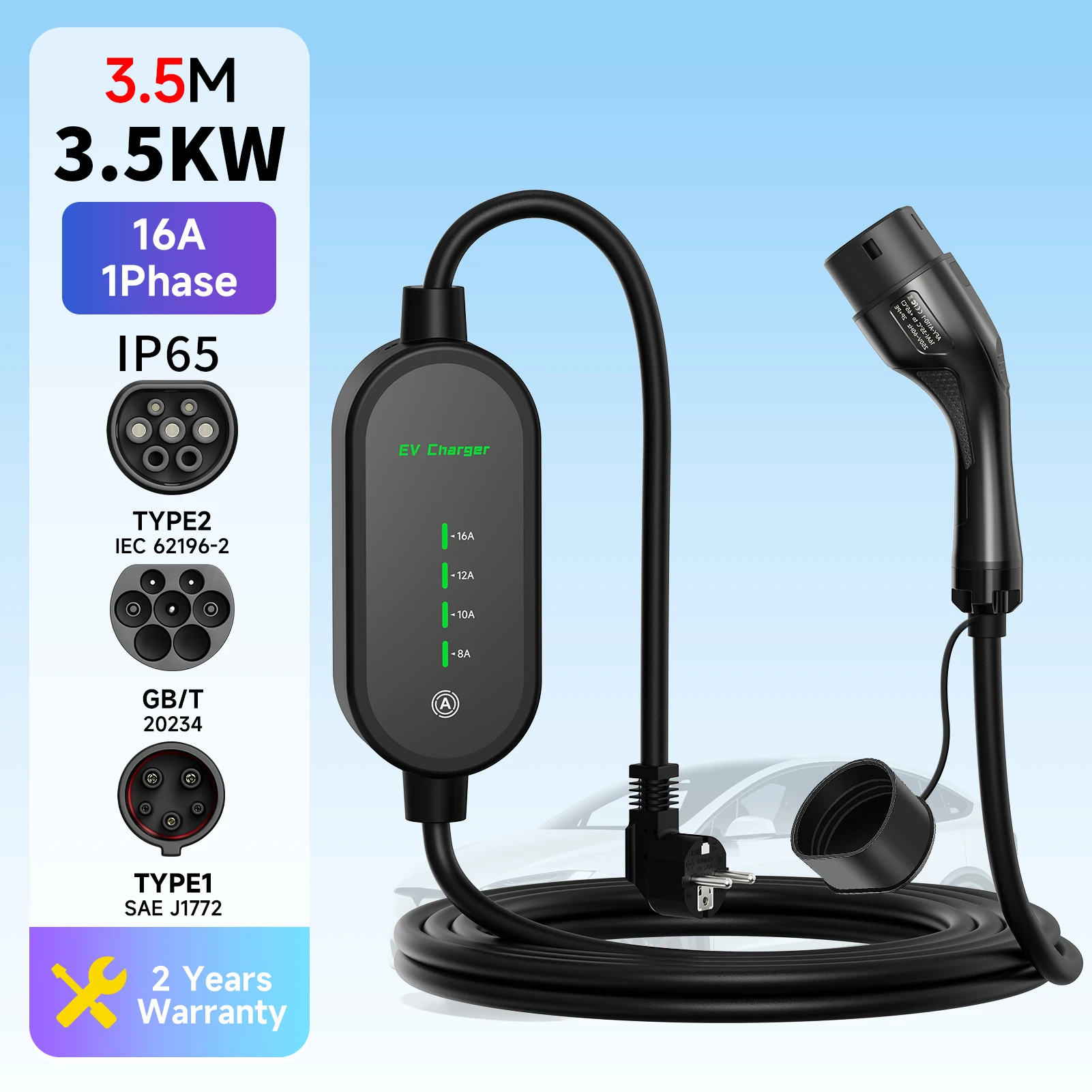 3.5KW 16A  Portable EV Charger Type 2 Type 1 GBT Electric Vehicle Charging Station Wallbox EVSE Home Car Charger with EU Plug