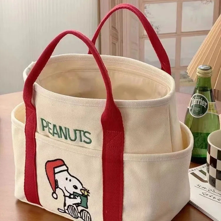 Cartoon Embroidery Snoopy Canvas Tote Bag Large Capacity Shoulder Handbag Simple Stylish Office Bento Bag Women\'s Aesthetic Bags