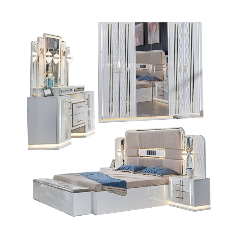 &Modern Design Wooden Frame Full Bedroom Furniture Set Lighted Headboard Home Master Room Complete Double Luxury king Size Bed