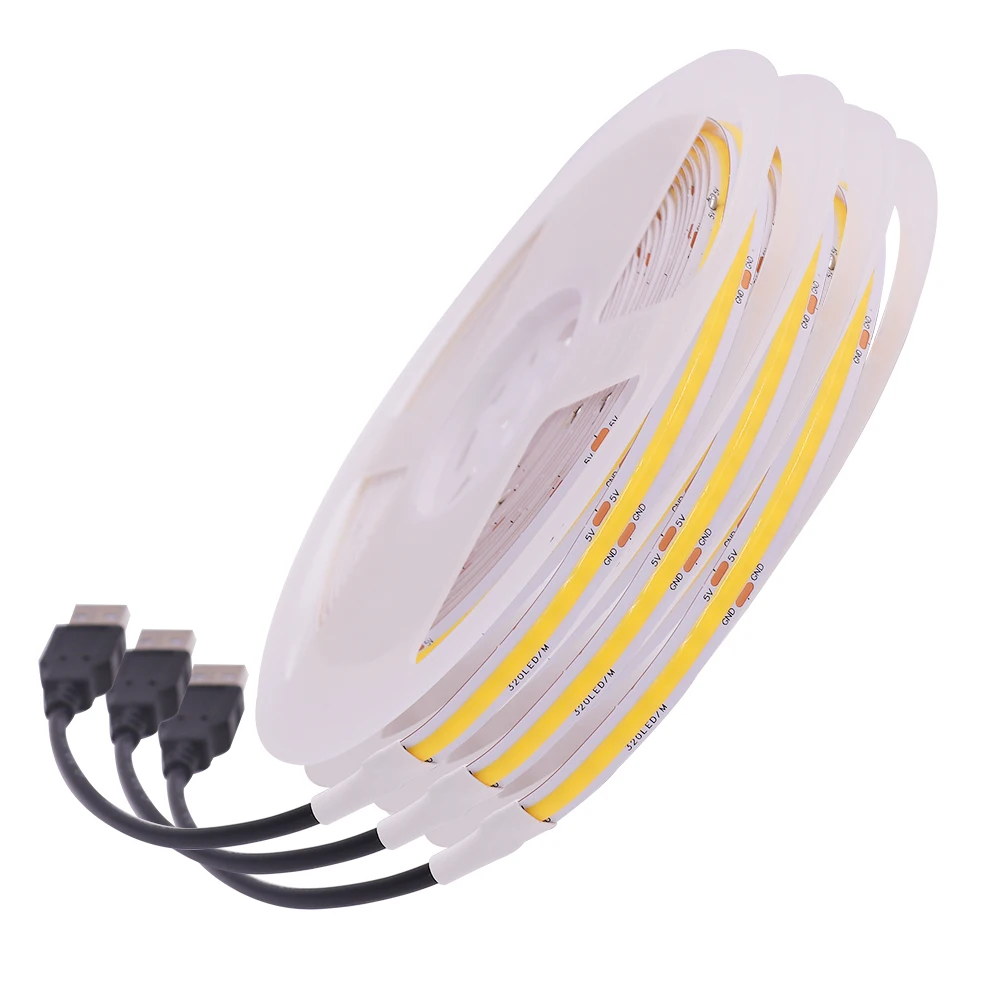 DC5V USB Powered COB LED Strip Light 320Leds/m High Density Non-waterproof FOB Linear Lights Ribbon RA90 Flexible Tape Rope Lamp