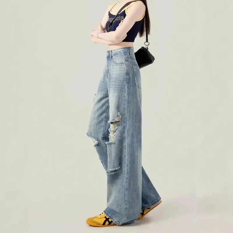 Light Blue Ripped Summer Thin Jeans Women's High Waist And Thin Straight Mopping Pants Wide Legs Show Long Legs Versatile