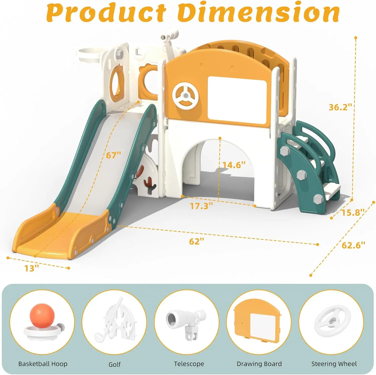 Toddler Playground Playset for 1-3 Year Olds with Golf, Drawing Board, Slide, Basketball Hoop & Storage