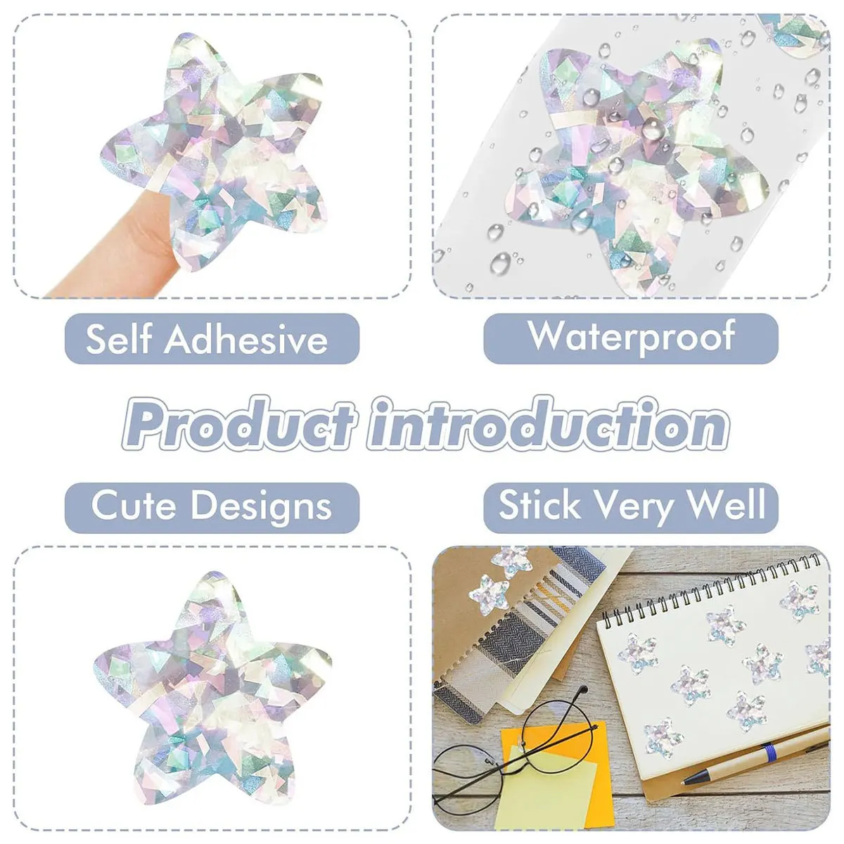 JCAC 500pcs 1 Inch Gold & Silver Holographic Star Stickers, Waterproof Reflective Self-Adhesive Decals, Gift Labels