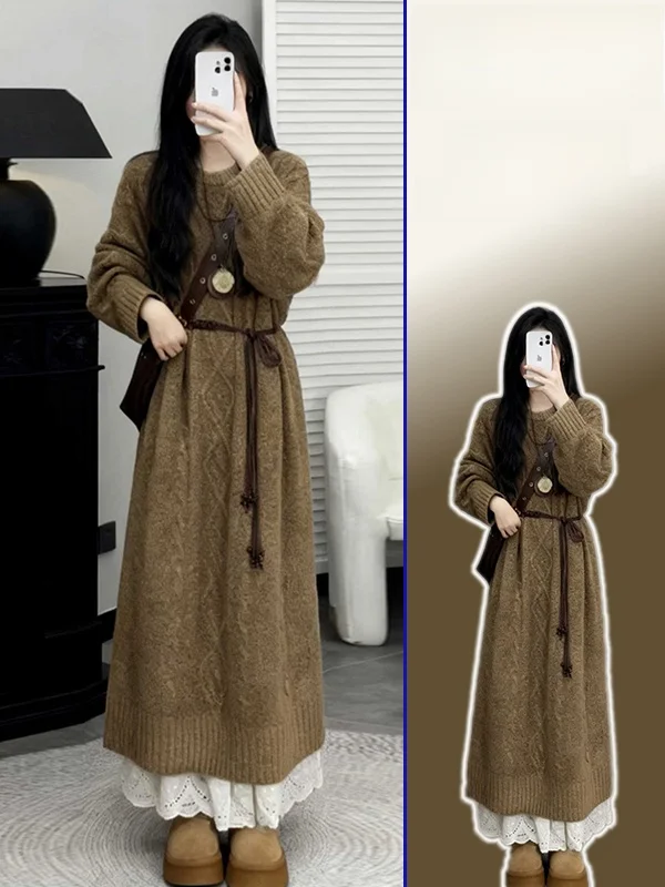 

Ele Casual Knitted Long Sve Waist-Cinching Dr Women's plus Size Slimming A-Line Dr Comfortable Soft Knit Dr