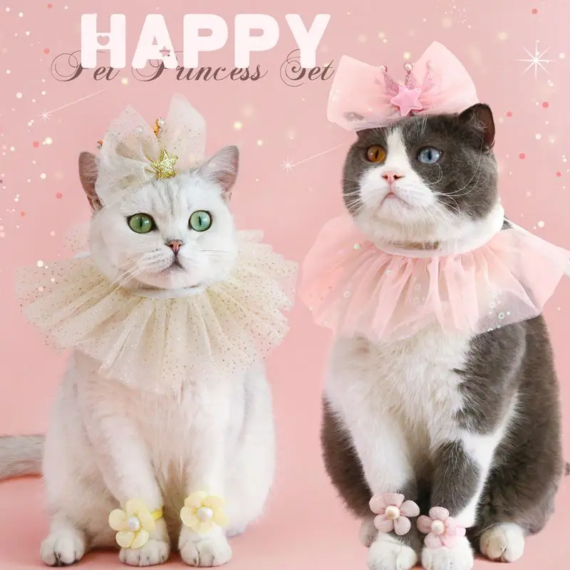 Pet Cat Birthday Party Hat Set Dog Hat Bow Lace Cat Bib Cute Small Medium Dogs Costume Cap Pet Products Puppy Accessories