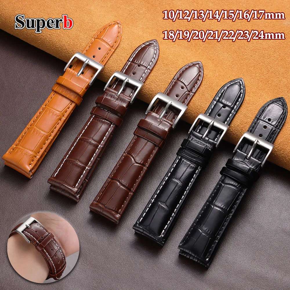 

10/12/13/14/15/16/17/18/19/20/21/22/23/24mm Calfskin Watch Strap Watchband Women Men Watch Accessories Solid Buckle Black Brown