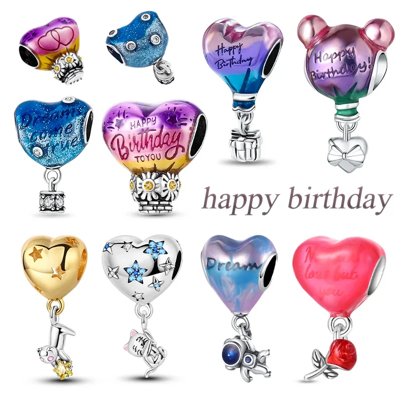 Hot New Silver 925 Happy Birthday Balloons Charm Heart Beads Fit Original Bracelet for Women Pendant Bead DIY Fine Jewelry Gift