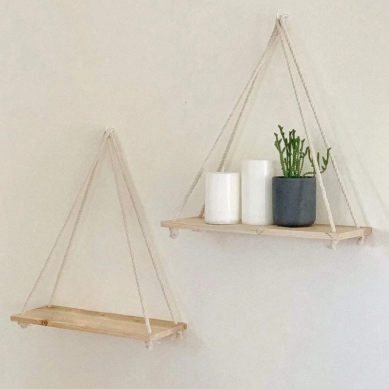 

Wooden Swing Hanging Hemp Rope Wall Shelve Mounted Floating Home Room Plant Flower Pot Tray Storage Rack Garden Decoration