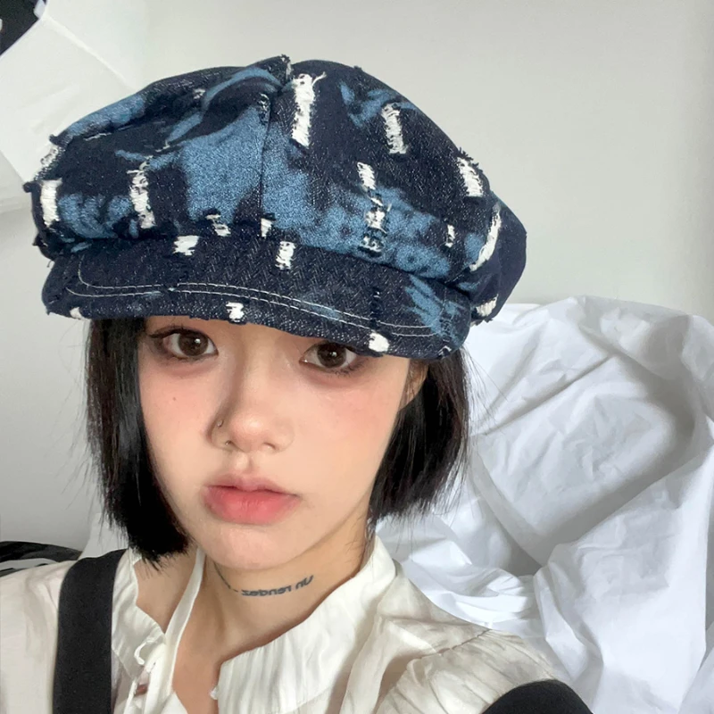 

Korean Retro Hole Design Octagonal Hats for Women Show Face Small Spring and Autumn Casual Versatile Street Fashion Cloud Berets