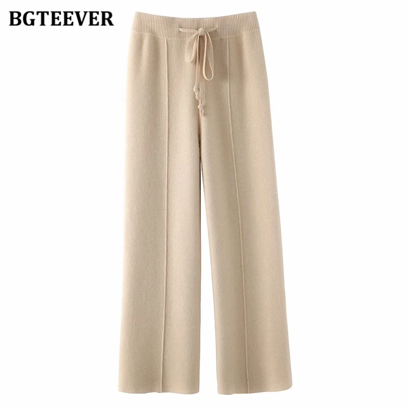 BGTEEVER Chic Casual Lace-up donna pantaloni dritti lavorati a maglia autunno inverno vita alta sciolto femminile solido gamba larga maglioni pantaloni