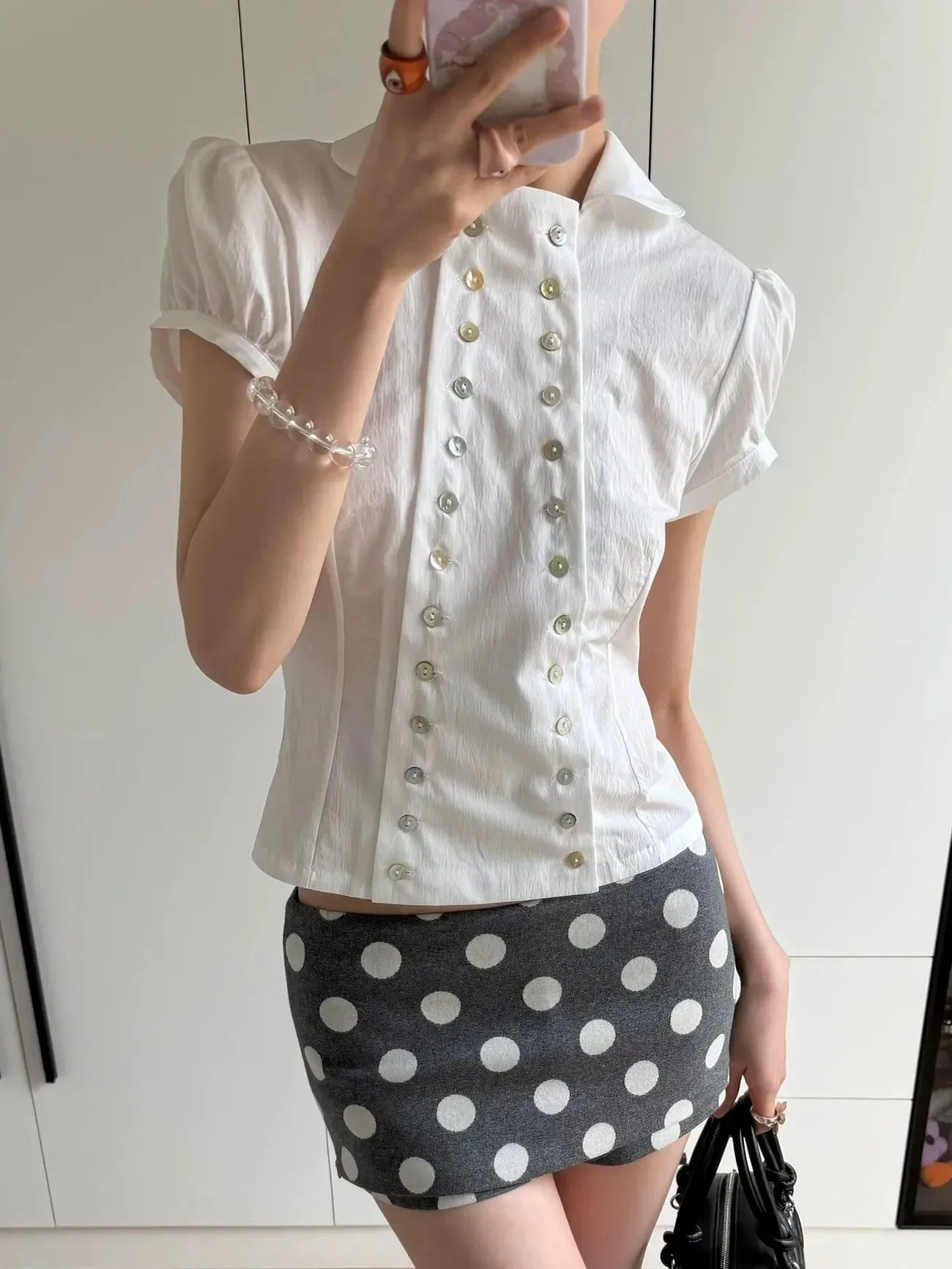 Y2K Aesthetic Peter Pan Collar Blouse Puff Sleeve Slim Fit Vintage Harajuku Elegant Style Korea Fashion Chic Tops 2026 Summer