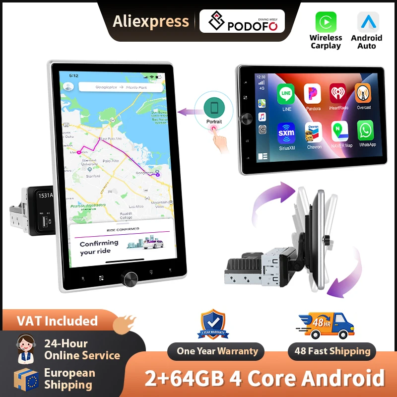 Podofo 10,4'' Wireless Carplay Android Auto Radio für universelle Fahrzeuge, intelligente Systeme, GPS-Navigation, BT, FM/RDS, 1-DIN-Autoradio, Head Unit, SWC, Multimedia-Stereoanlage, EQ, Mirrorlink,