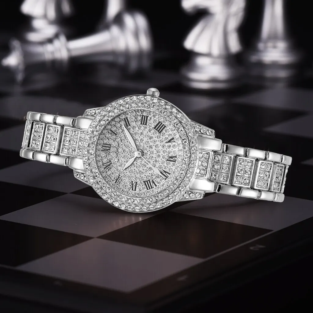 Full Drill Rome Literal Steel Belt Starry Sky Temperament Business Quartz Watch Hip Hop Style Bracelet Set