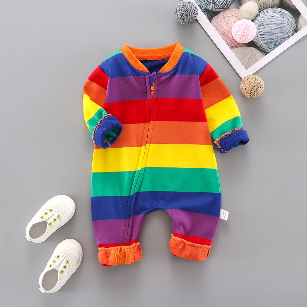 Newborn Baby Boys Romper Striped Rainbow Colors Cotton Clothing with Zip Infant Girl One-Pieces Long Sleeved Cloth 0-18Months