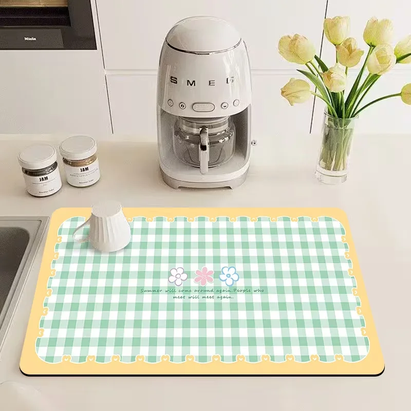 Light Blue Gingham Check Dish Drying Mat Classic Plaid Print Countertop Pad Tableware Cup Draining Decor Mat for Sink Side