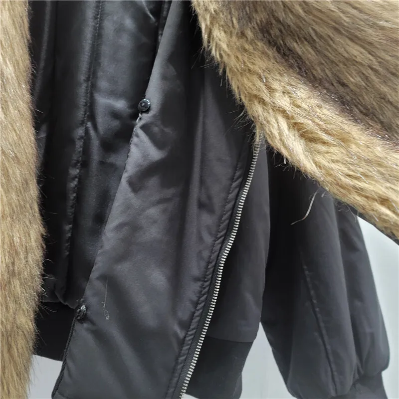 HKSH 2025 Winter New Women's Wadded Jacket Faux Fur Turn-down Collar Patchwork Color Block Luxury Trend Warm Padded Coat HK14624