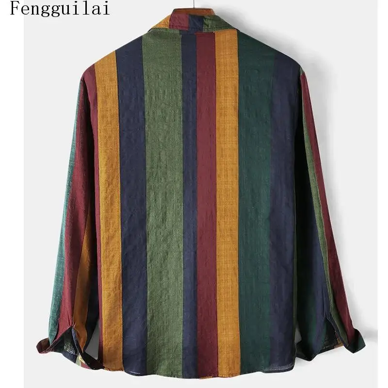 Men's Color Block Vertical Stripe Shirt Lapel Long Sleeve Button Down Casual Loose Retro Linen Blend Shirt With Chest Pocket