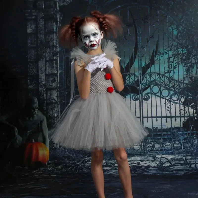 Bear's Den Halloween Girls Pennywise Tutu Kids Cosplay Scary Gray Clown Costume Girl Performance Dress Up Masque New 2025