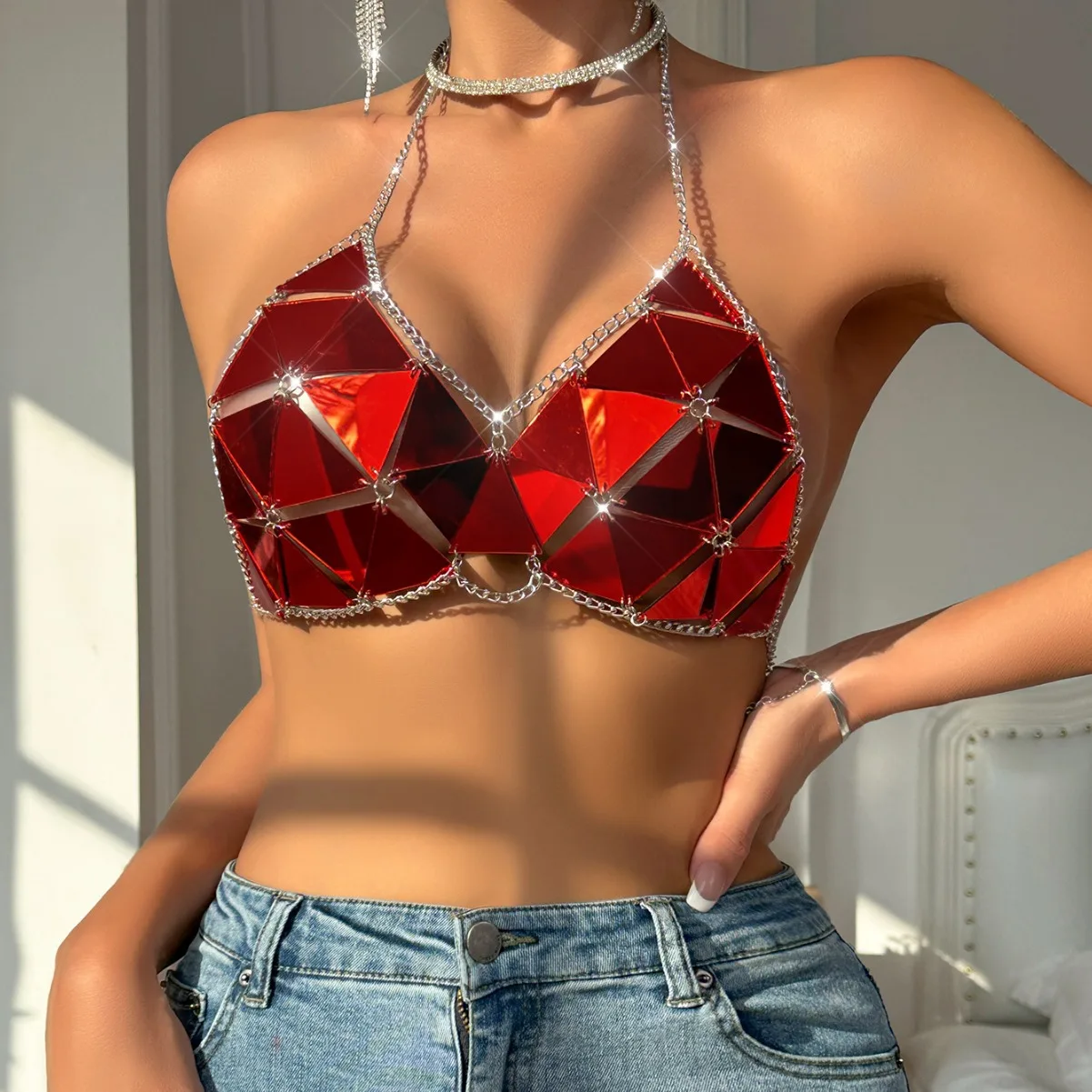 

Triangular Acrylic Bra Chain Adjustable Metal Halter Bikini Crop Tops Beach Night Clubwear Stripe Performance Party Body Chain
