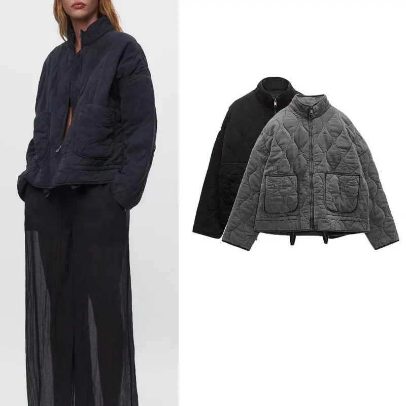Autumn Winter Women's Commute Casual Stand Collar Loose Pocket Diamond Pattern Cotton Jacket Outerwear Polyester Long Sleeve ...
