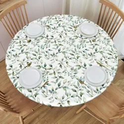 Watercolor Sage Green Leaf Round Tablecloth Teal Eucalyptus Leaves Table Cover with Elastic Edge Washable Fits 45