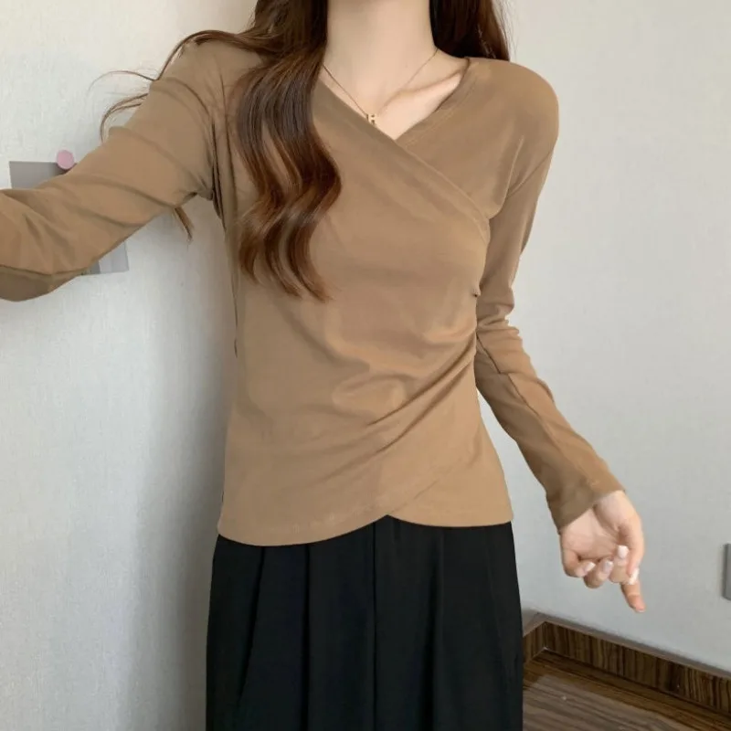 

Необычная футболка большого размера с длинными рукавами, базовая рубашка для женщин, осенний облегающий топ с тонкими плечами