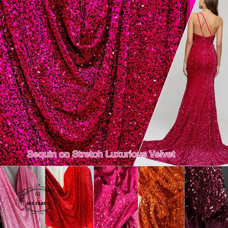 Real Picture Orange Pink Stretch Sequins Velvet Fabric Velour Apparel Costume Events Decoration Dress Dance Wear DIY Material