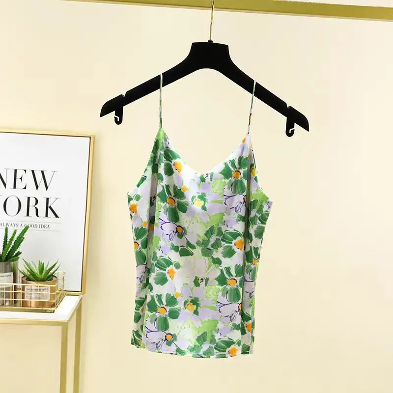 2024 New Summer Halter Vest Women Green Print Design Niche High Quality Satin Soft Tank Top Camisole Feminine