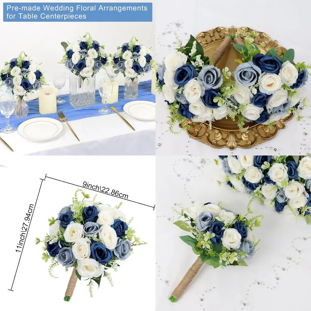 

6-piece Set of 7 Artificial Bridesmaid Bouquets in Navy, Dusty Blue, and White for Weddings and Special Events