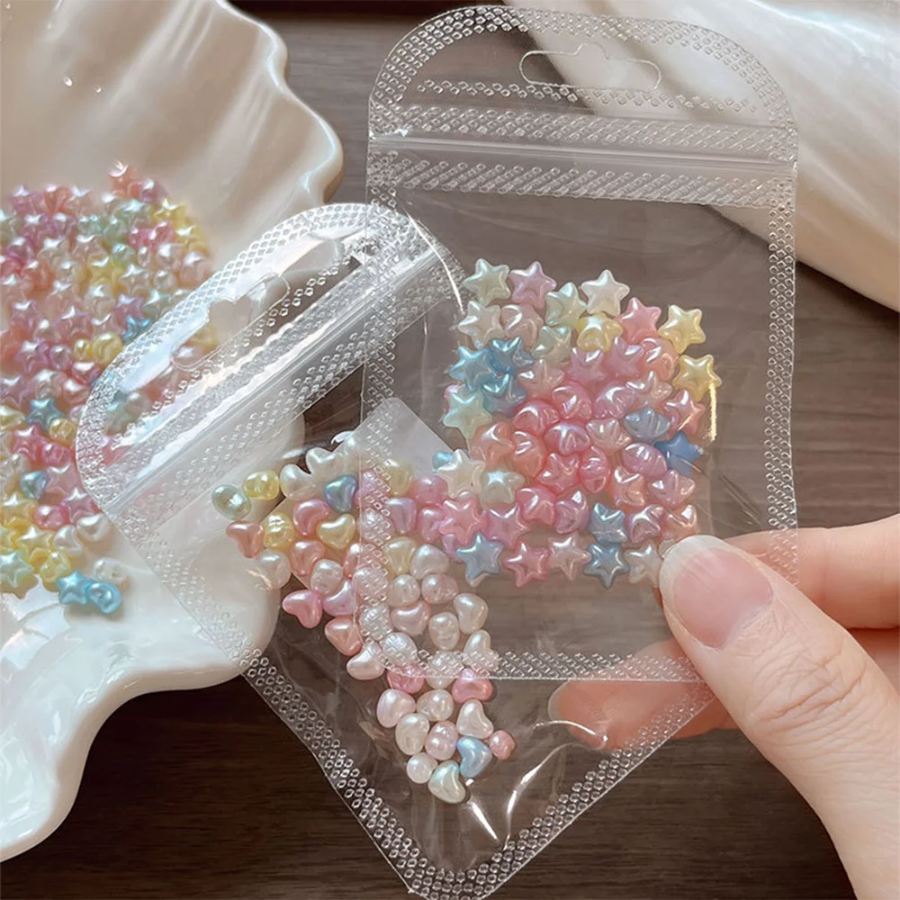 50Pcs 3D Star Heart Nail Charms Pearlescent Five-pointed Star Nail Decors Sweet Style Home DIY Manicure & Professional Salon Use