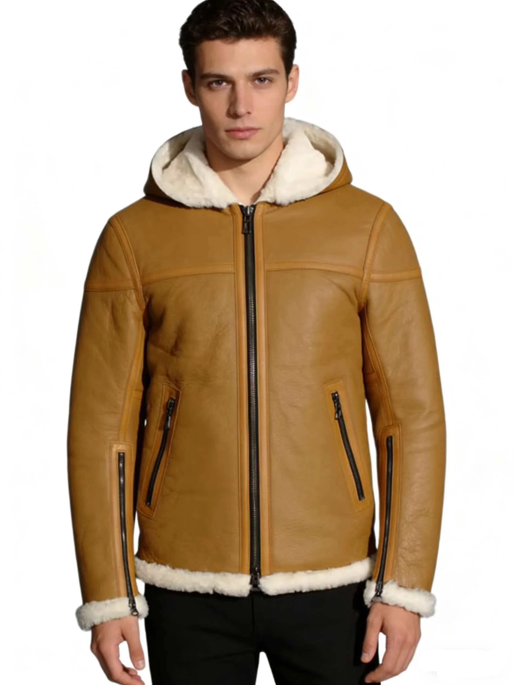 Yellow Winter Hooded Shearling Jacket Men Casual Style Plus Size 5XL Genuine Natural Thick Sheepskin Turn-Down Collar Warm Coat