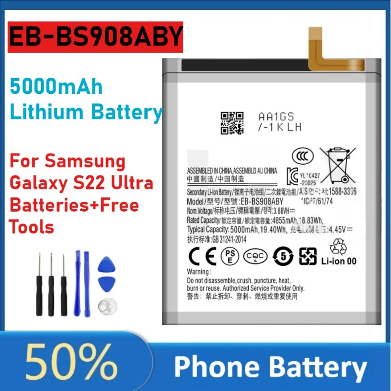 

Сменная литиевая батарея для телефона Samsung Galaxy S22 Ultra, 5000 мАч, EB-BS908ABY, новые батареи для замены + бесплатные инструменты