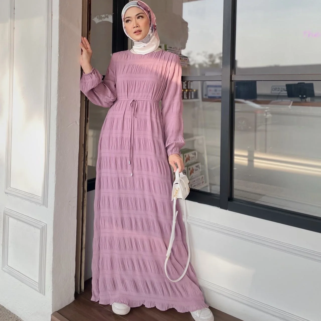 

Chiffon Malay Robe Muslim Dress Women Lace-up Long Dresses Solid Party Dress Islam Abaya Dubai Arab Robes Kaftan Femme Musulman