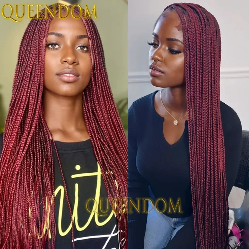 36 Inch Ombre Burgundy Synthetic Full Lace Wig Knotless Box Braided Plait Wig Natural Cornrow Square Part Braids Wigs for Women