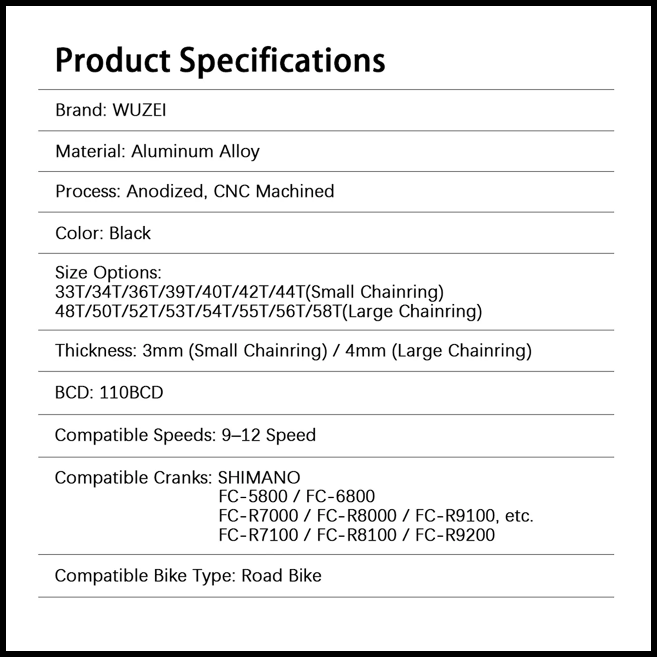 WUZEI 110BCD Rennrad Doppelkettenblatt 2x 10 11 12 Gang Fahrradkettenblatt für Shimano 105 5800 6800 DA9000 58/44T 56/42T – Detail 2