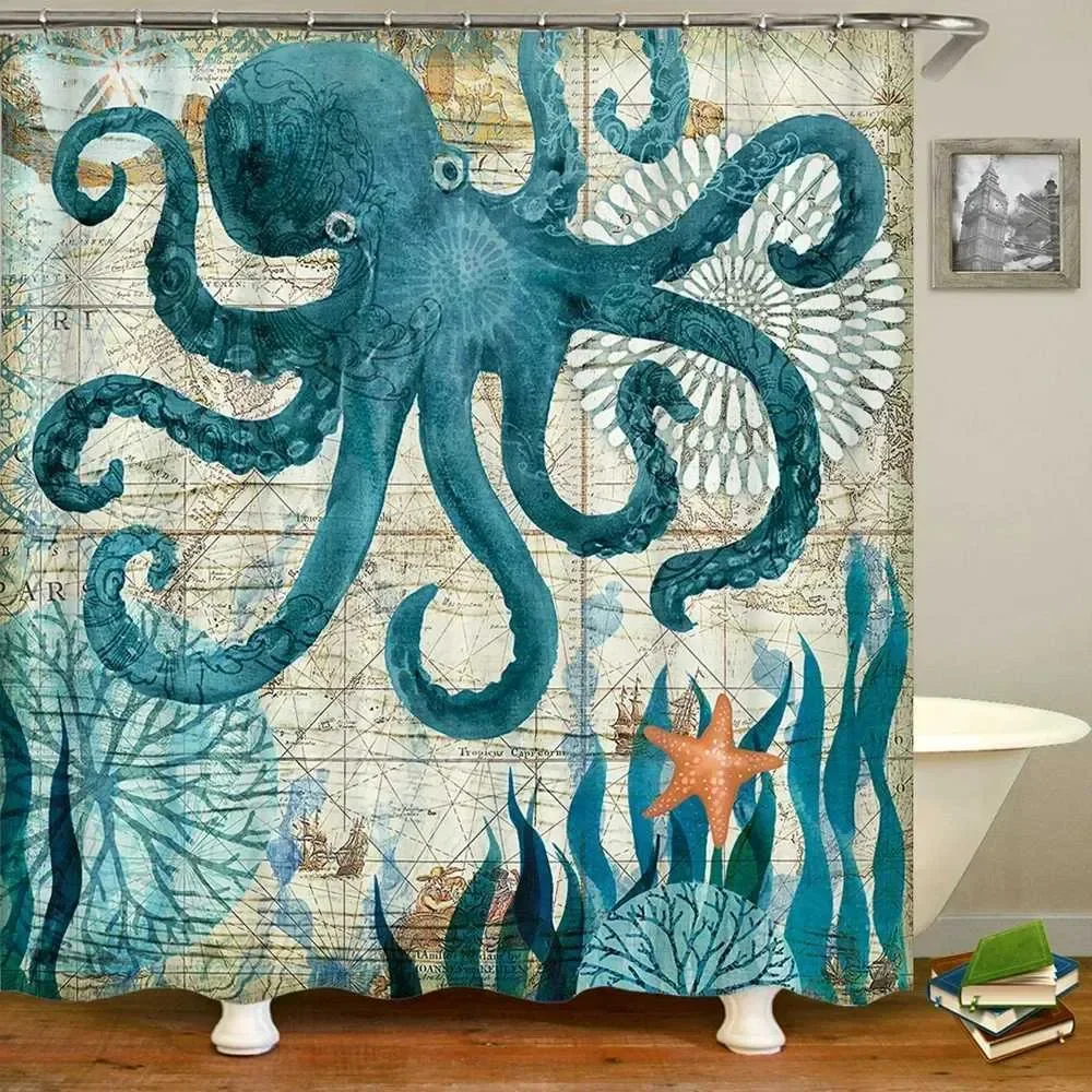

Vintage Teal Octopus Ocean Scene Shower Curtain, Waterproof Polyester Bathroom Decor Curtain with Hooks
