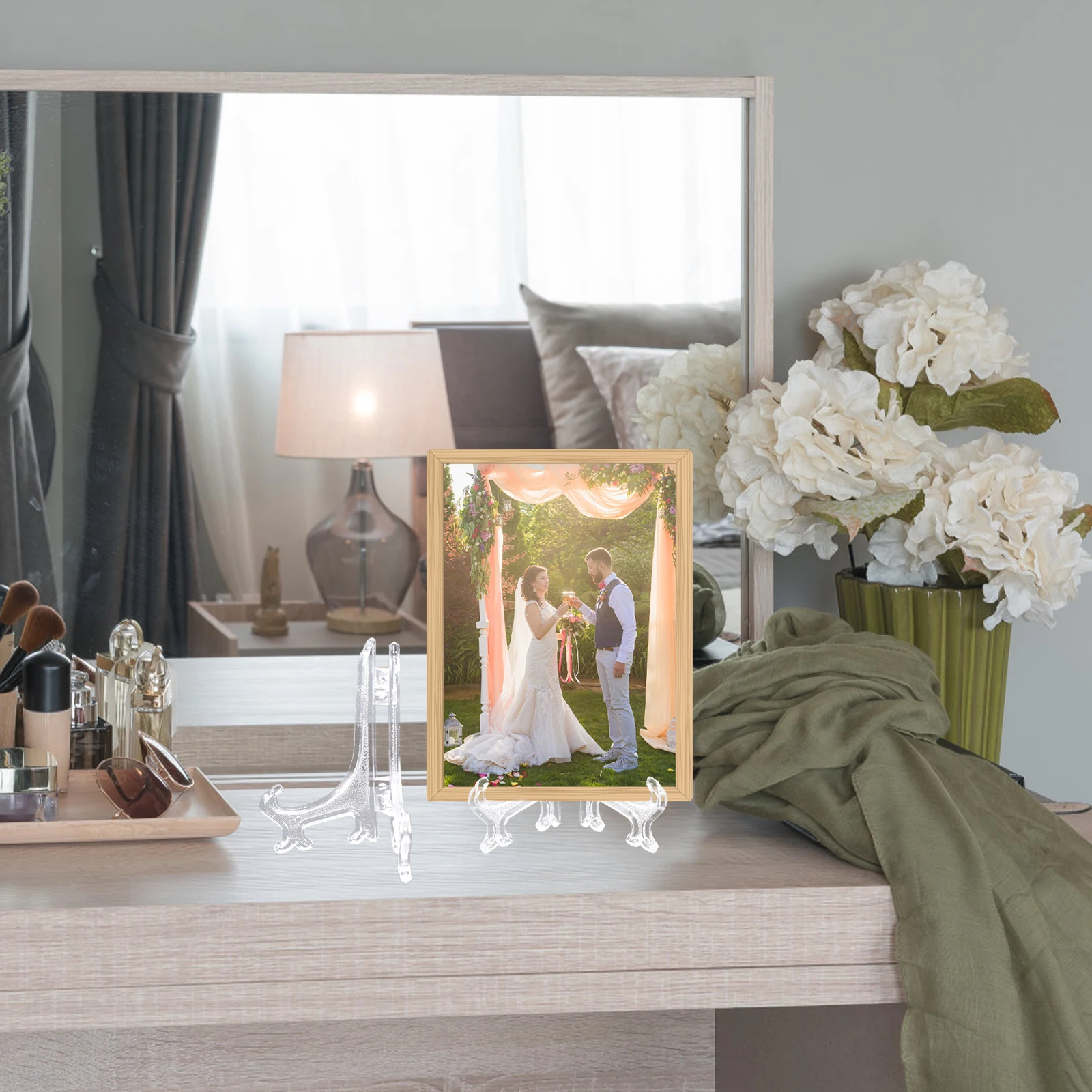 

12Pcs Foldable Transparent Plate Display Easel Stands Clear Plastic Frame Holders Multi-Purpose Display Rack for Kitchen Home