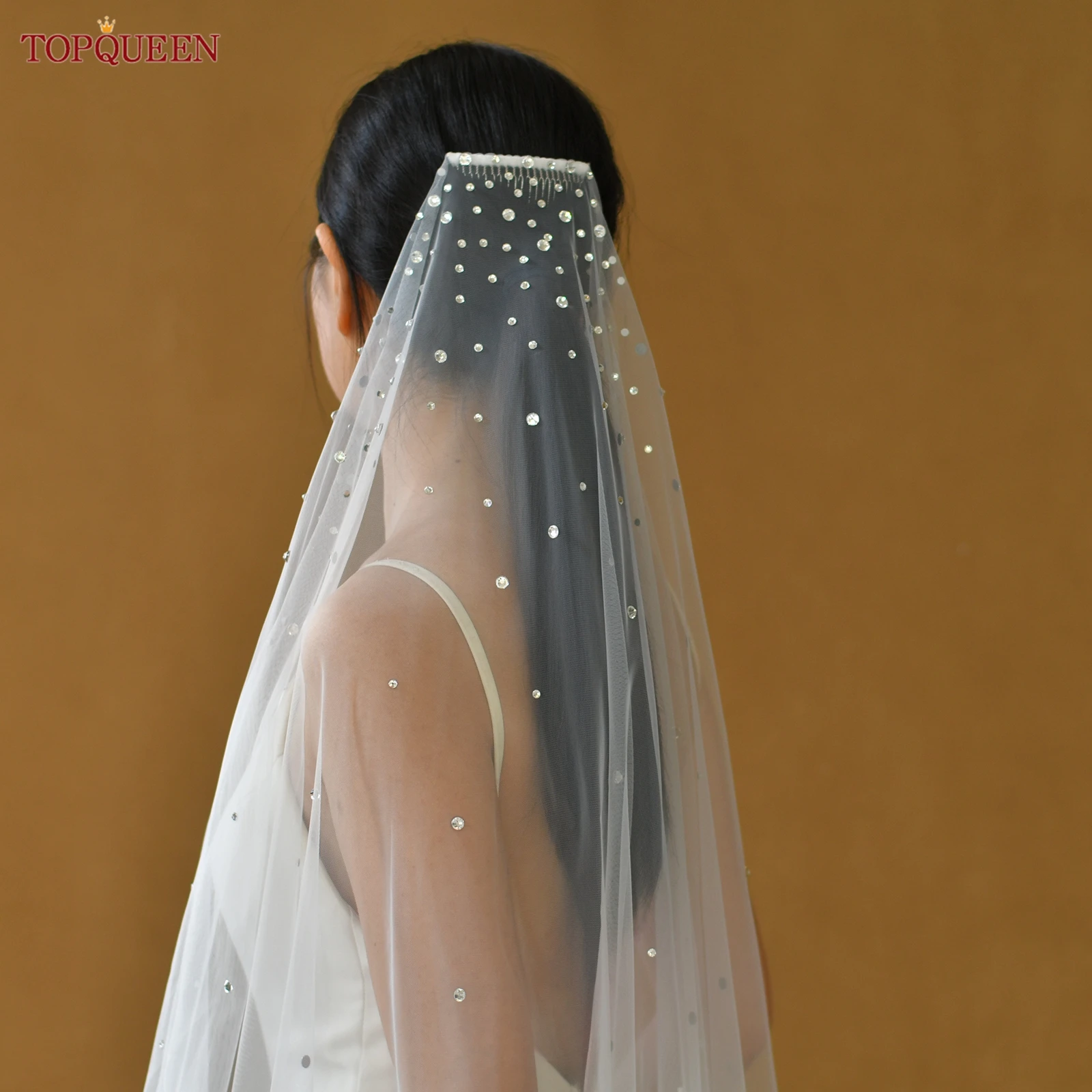 

TOPQUEEN Vestido De Noiva Vom Pedras Velos De Novia, свадебная фата с украшениями из страз и гребнем для волос, на заказ, M31