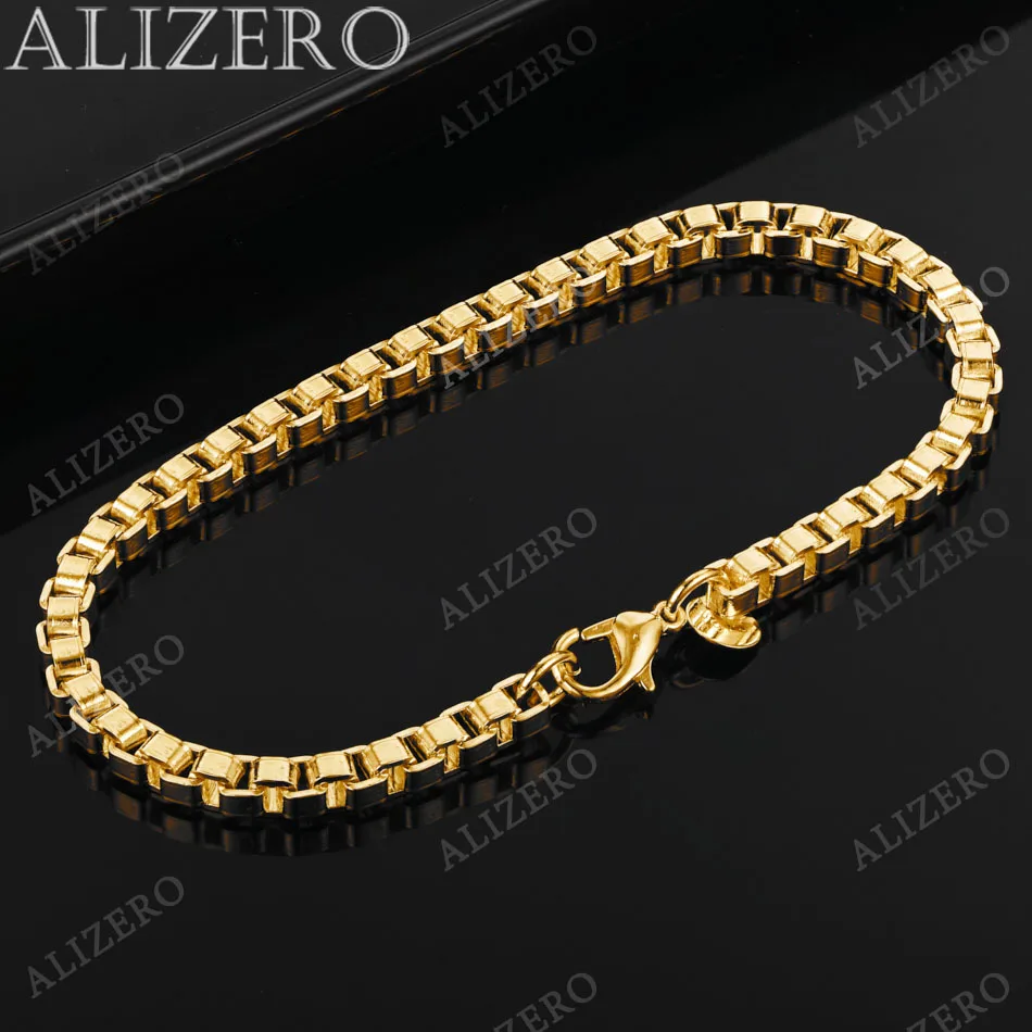 ALIZERO 18K Gold 4MM Box Chain Bransoletki Dla Kobiet Mężczyzn Ślub Impreza Prezent Moda Biżuteria Hurtownia 925 Sterling Silver Bransoletka