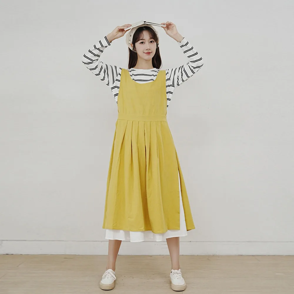 Korean style cotton side slit pleated apron, Reversible,Anti-fouling,Plain,One-size, for kitchen, household, work, outdoor