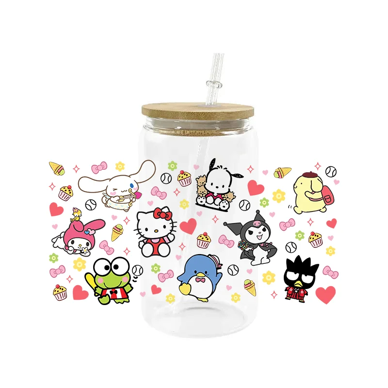 Miniso Personalize Hello kitty Friends Print UV DTF Sticker For 16oz Cups Can Wrap Custom Labels DIY Logo Selfadhesive