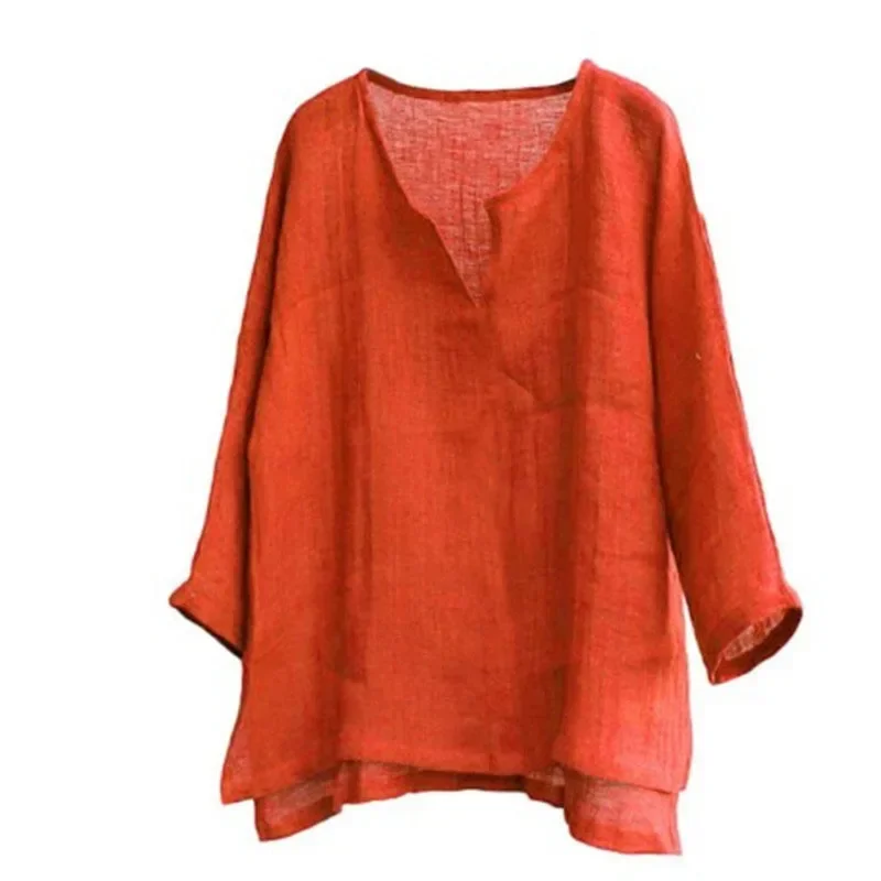 2025 New Men's Linen Long Sleeve Loose Shirt Solid Color Casual Long Sleeve Cotton Linen Shirt Vn-eck Tops Size S-5XL