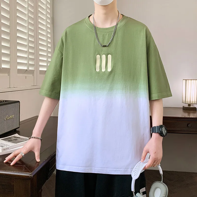 

Gradient Color Short Sleeve T-Shirts Fashion 2025 Summer Casual Men's Cotton Top Tee Youth High Streetwear Loose Tshirt Clothing