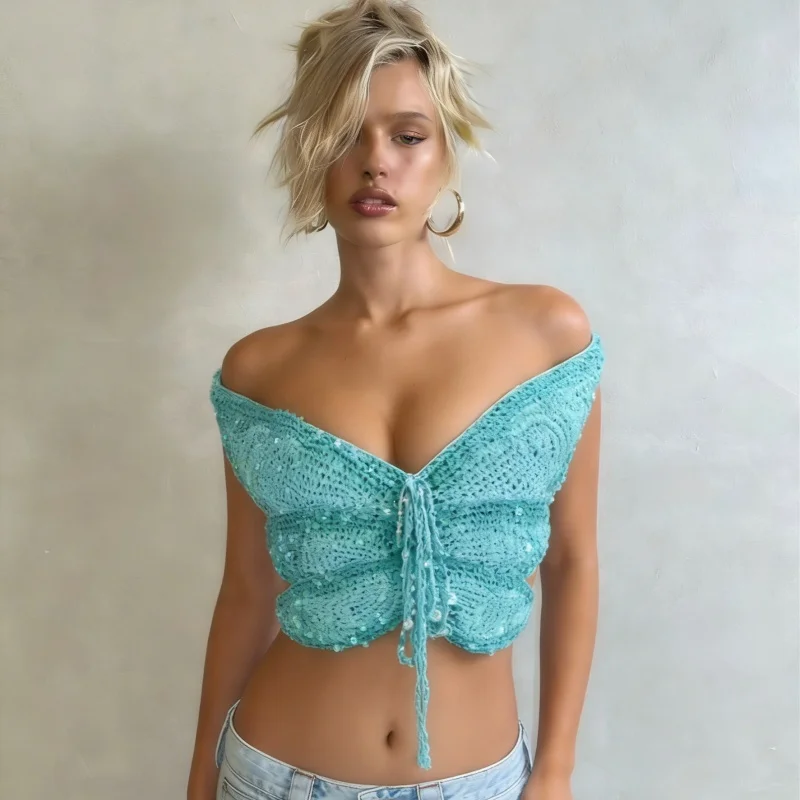 Women Y2k Crochet Knitted Sequin Butterfly Crop Tops Off Shoulder Halter Deep V Neck Tie Front Backless Lace Up Tank Tops