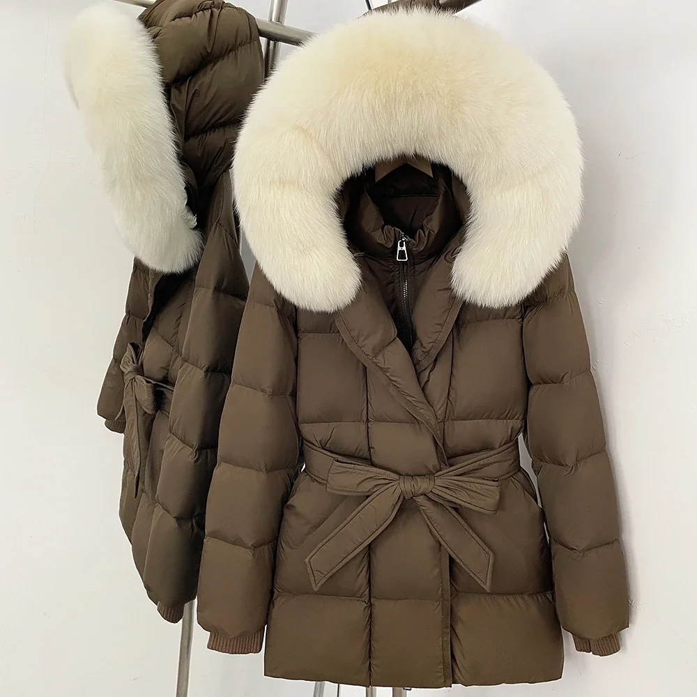 OFTBUY Damen-Winterjacke aus Entendaunen mit großem, natürlichem Fellkragen, Kapuze, Reißverschluss, Gürtel und tailliertem Schnitt, mit Fell für Damen – Detail 16