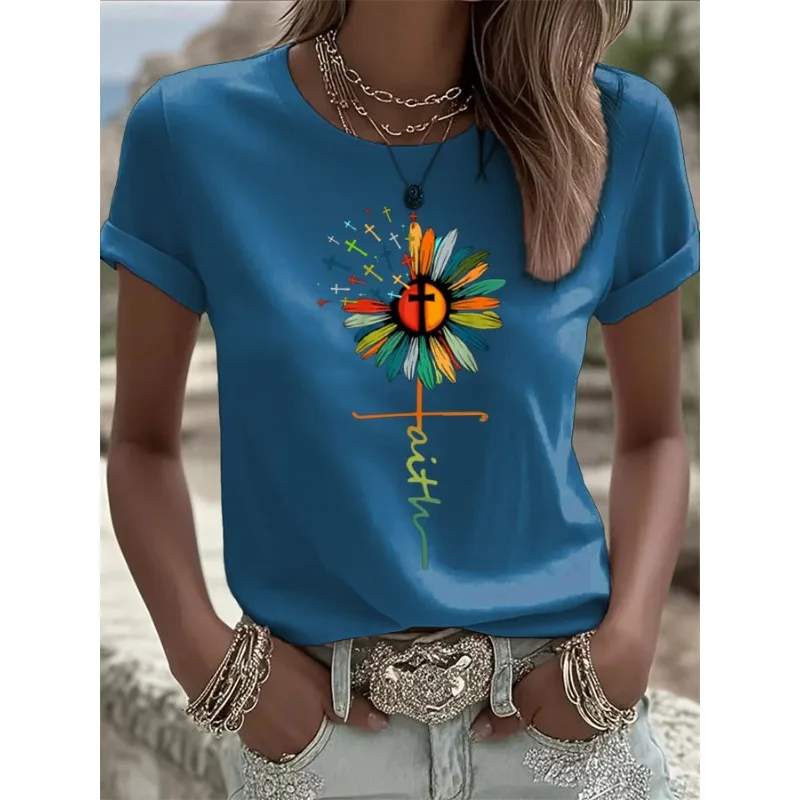 ilstile Women's Faith Flower Print T-Shirts Summer Short Sleeve Casual O-Neck Tops Tees Black White Blue T Shirt Hot Sale