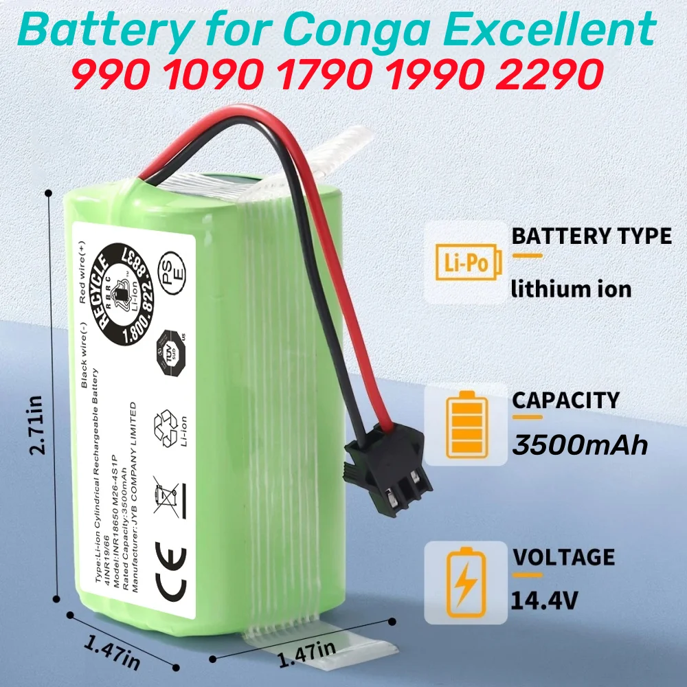 

14.4V 3500mAh Li-ion Battery Pack for Conga Excellence 950 990 1090 1092 1190 1790 1990 Robovac 11S 15C 30C Max NETBOT S14 S15.